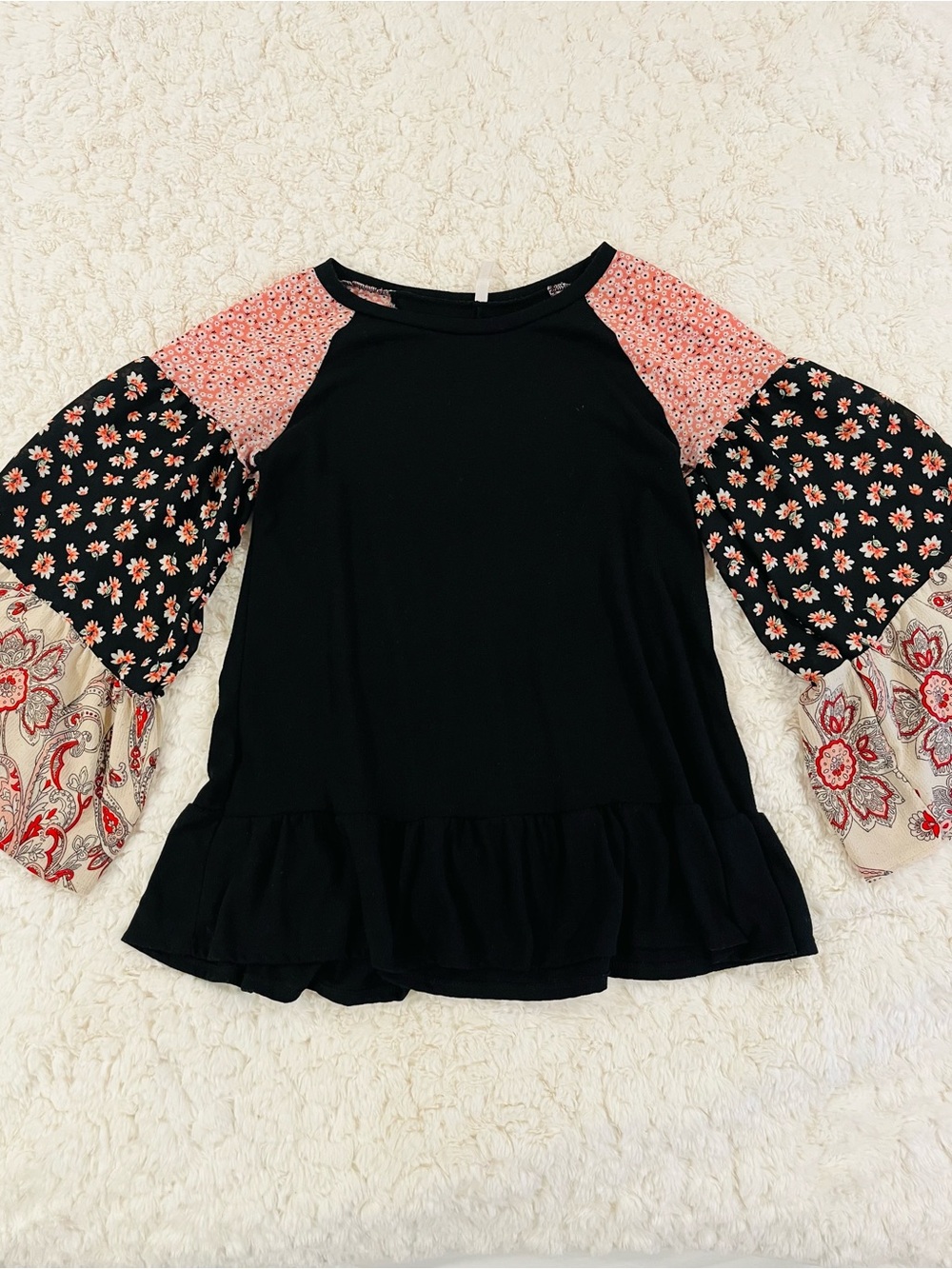 Black Peplum Top with Pink and Floral Patchwork Sleeves